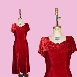 1990s Vintage BETSEY JOHNSON 1930s-1940s Inspired Retro Red VELVET Gown Maxi Dre